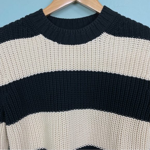 J.Crew Collection Feather Trim Crewneck Sweater Knitted Stripped Black Off White - Picture 2 of 9